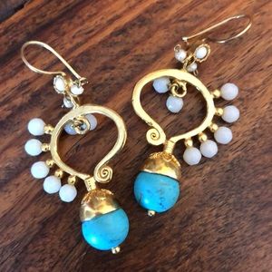 Turquoise, Brass and Faceted Stone Earrings
